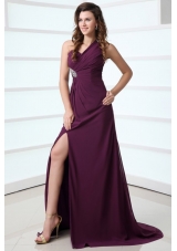 Purple One Shoulder High Slit Beading and Ruching Chiffon Prom Dress