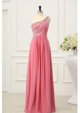Graceful Watermelon One Shoulder Beaded Decorate Prom Gown Dress