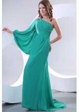 Beautiful Single Shoulder Chiffon Prom Dress in Teal with Sweep Train
