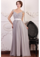 Beaded Cap Sleeves Full Length Gray Chiffon Prom Formal Dress