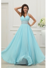 Jewelry Halter Top Pleating Chiffon Prom Dresses in Aqua Blue
