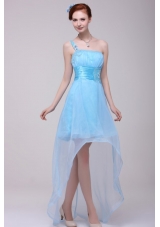 Single Shoulder High Low Ruching Organza Prom Gown in Aqua Blue