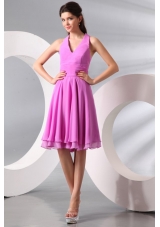 Simple Lilac Halter Top Ruching Knee-length Chiffon Prom Gown Dress