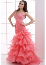 Beautiful Coral Red Mermaid Prom Dress with Beading and Ruffled Layers