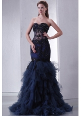 2014 Navy Blue Mermaid Sweetheart Appliques and Beading Prom Dress