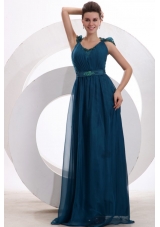 Formal Teal Prom Dress with Tulle Overlay and See-through Lace on Back