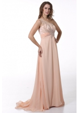 Empire Beaded One Shoulder Brush Train Prom Dress in Peach Color