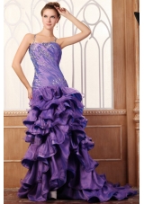 Purple Column Spaghetti Straps Prom Dresses with Beading and Layers