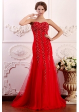 Fashion Red Column Sweetheart Brush Train Prom Dress with Beading