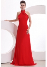 High End Red Halter Top Prom dress by Chiffon Fabric and Chapel Train
