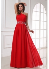 Single Shoulder Red Chiffon Prom Gown Dress with Beaded Waist