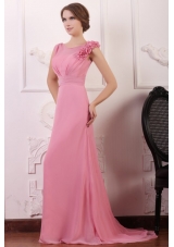 Elegant Rose Pink Empire Flowers V-neck Prom Gowns with Brush Train