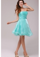 Cute Strapless Aqua Blue Organza Ruching Prom Dress for Party