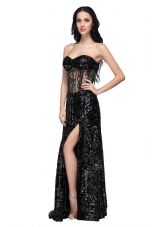 Super Hot Column Black Sweetheart Sequins Prom Dresses with High Slit