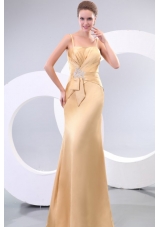 Column Champagne Spaghetti Straps Prom Dress with Ruching Appliques