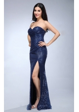 Column Navy Blue Sweetheart Sequins High Slit Prom Celebrity Dress