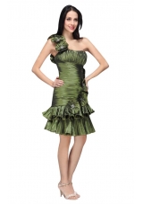 Column Olive Green One Shoulder Flower Ruching Prom Pageant Dress