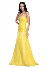 Yellow Beading One Shoulder Floor Length Prom Evening Dress
