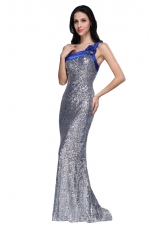 Silver Sequins Column Prom Evening Dress With One Shoulder Strap