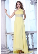 Yellow One Shoulder Prom Dress with Sequins Sash and Train