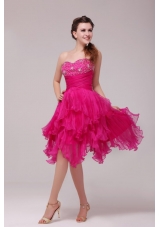 Hot Pink Sweetheart Beading and Ruffles Asymmetrical Dress for Party