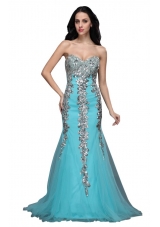 Mermaid Sweetheart Appliques Light Blue Brush Prom Formal Dress