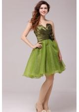 Olive Green V-neck Ruching Hand Made Flower Prom Homecoming Dress