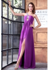 Light Purple Beading Decorate One Shoulder Prom Dress with Slit