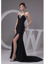 Sexy Black Halter Beading Decorate Prom Dress with Slit and Train