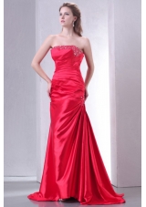Strapless Coral Red Sweep Train Beaded Prom Gowns with Train