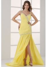 Yellow Straps Column Beading and High Silt Prom Dress with Sweep Train