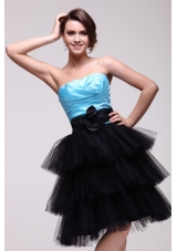 Blue and Black Strapless Senior Prom Dress with Ruches and Layers