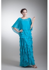 Blue Scoop Prom Mother Dress with Shawl and Layered Ruffles
