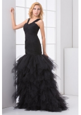 Elegant Black Tulle Made Prom Dress with Straps and Layered Skirt