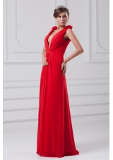 Sexy Red Deep V Neck Chiffon Prom Evening Dress with Straps