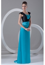 Black and Blue Elastic Woven Satin Prom Dress with Cap Sleeves
