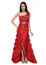 Wine Red Strapless Beading Ruffled Layers Prom Dress with Flower