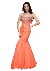 Mermaid Sweetheart Orange Prom Dress with Beading and Ruching