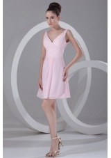 Baby Pink V Neck Short Prom Bridesmaid Dress with Zipper Back