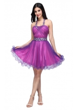 Purple Halter Top Beading and Ruching Knee-length Prom Dress