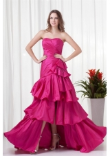 Fuchsia High Low Ruching Bowknot Taffeta Prom Gown Dress