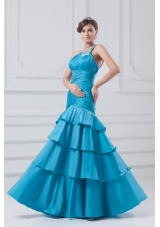 Wonderful One Shoulder Taffeta Beading Ruching Blue Prom Dress