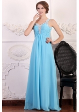 Aqua Blue One Shoulder Empire Chiffon Beading Decorated Prom Dress