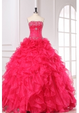 Coral Red Beading and Ruffles Strapless Organza Quinceanera Dress