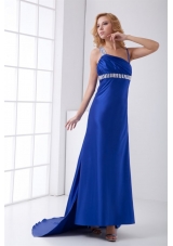 Perfect Backless Blue Column Prom Gown with Brush Train and Beading