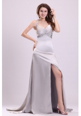 Noble Silver Straps Beading and Ruching High Slit Prom Dress