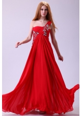 Empire One Shoulder Chiffon Red Prom Dress With Beading