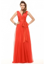 Popular Orange Red Empire V-neck Ruching Chiffon Prom Dress