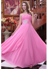 Sweet Rose Pink Empire One Shoulder Prom Gown Dress