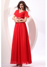 Red Empire V-neck Chiffon Prom Gown Dress with Short Sleeves